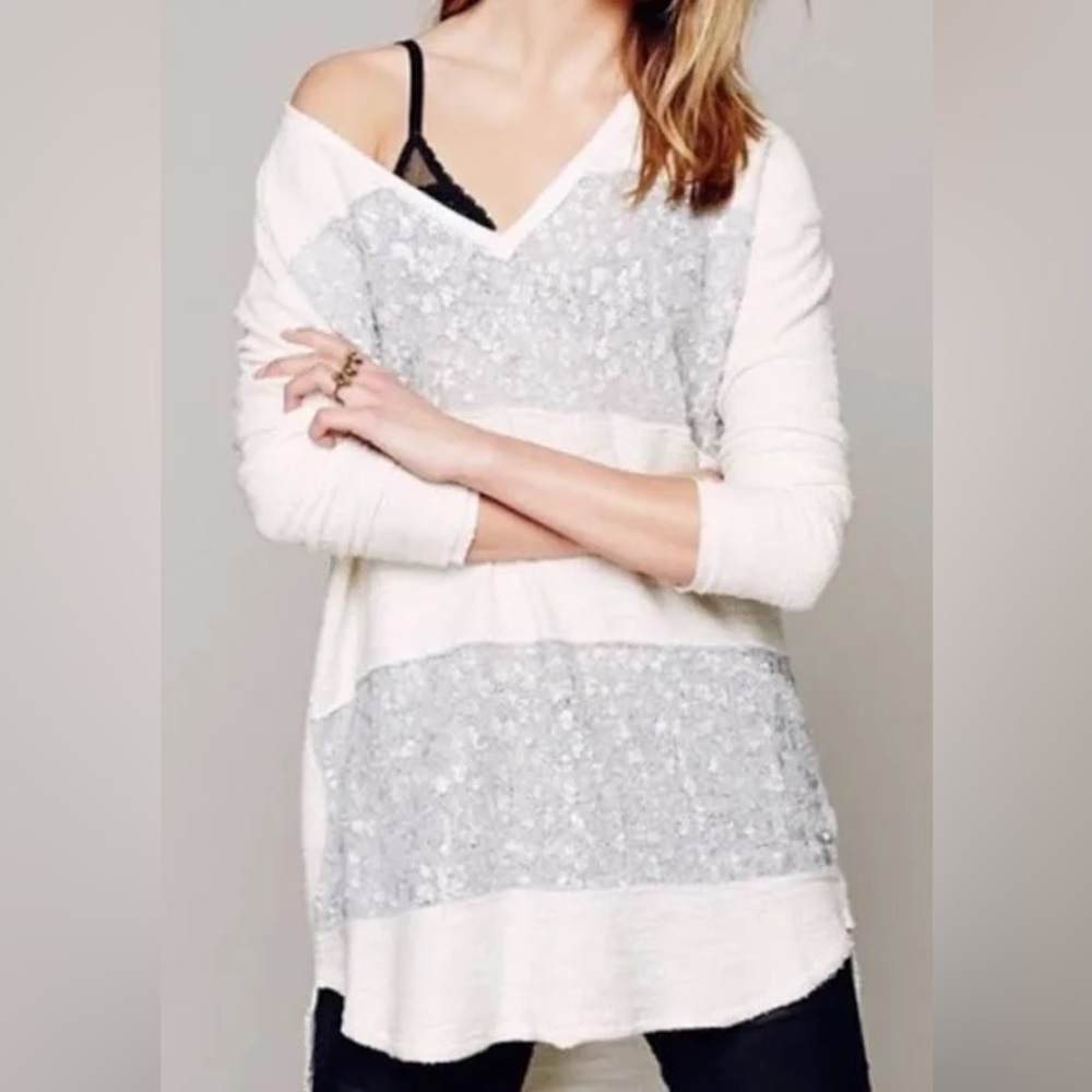 Free People Sequin Colorblock V Neck Tunic Sweater Sz Large